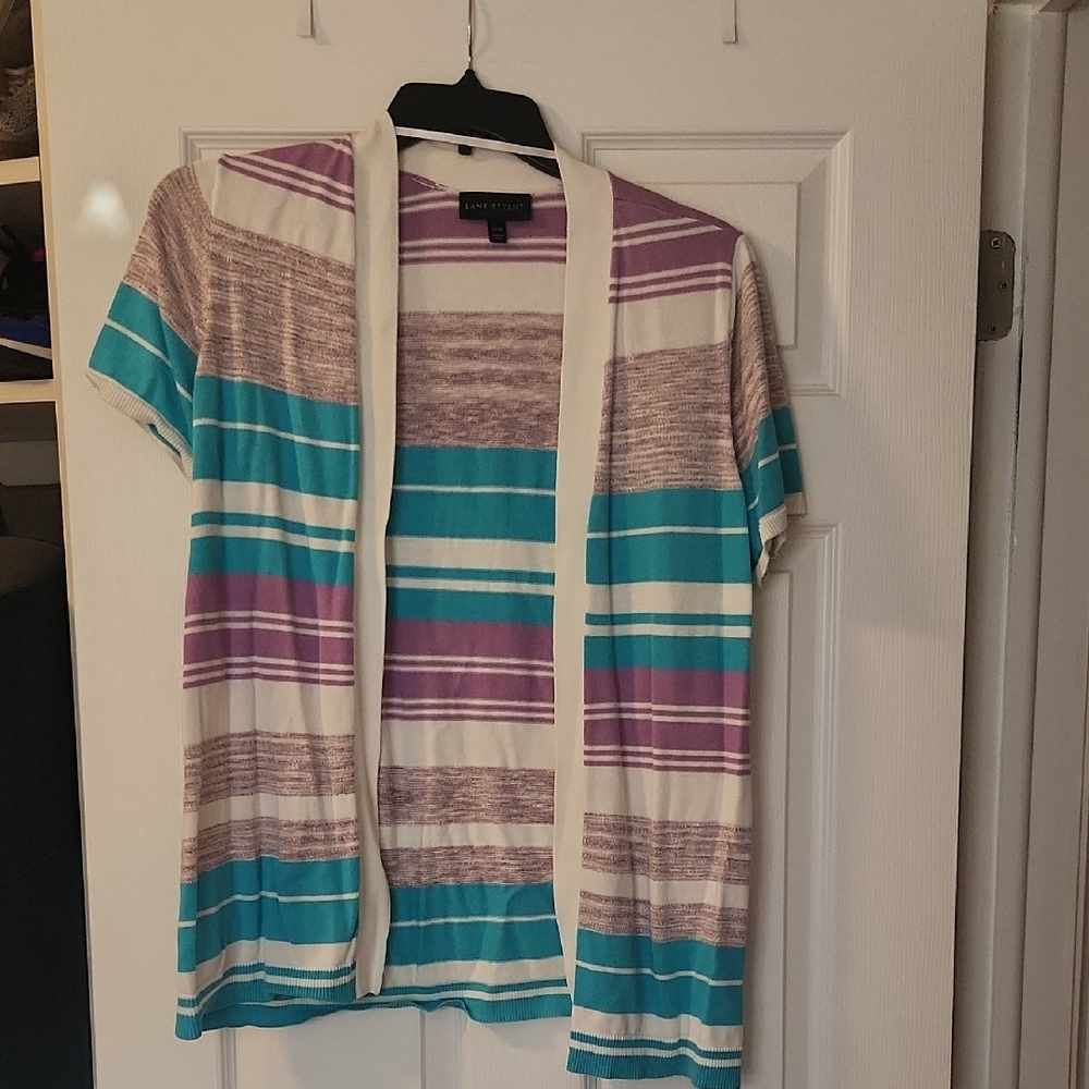 EUC-Lane Bryant-Size 14/16 Purple, Teal, and Cream Striped Cardigan